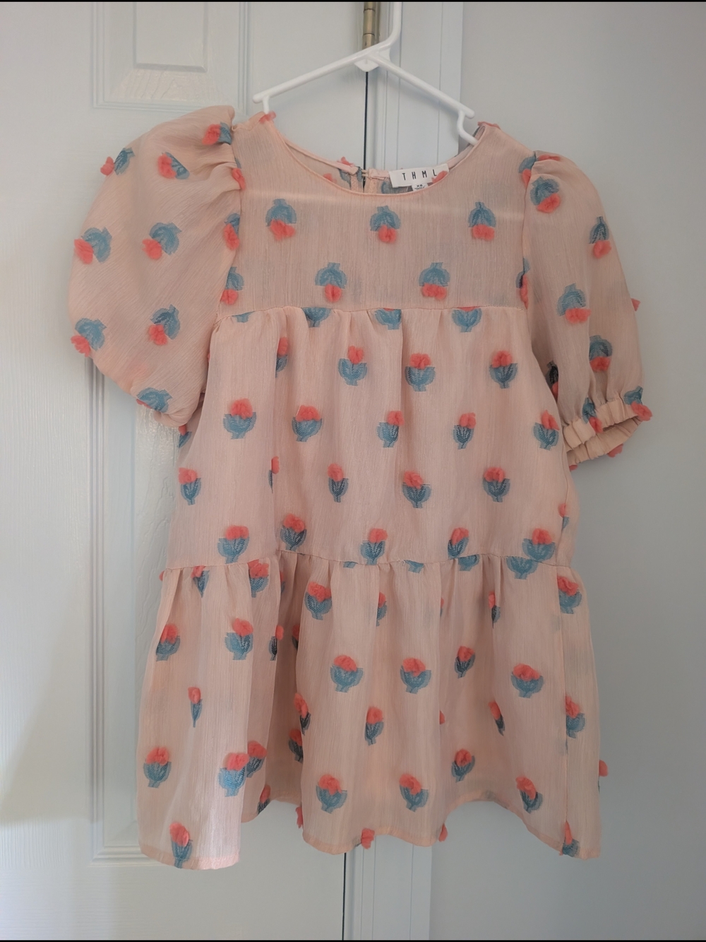 Women's Floral Puff-Sleeve Top - Pink/Green Embroidery Detail